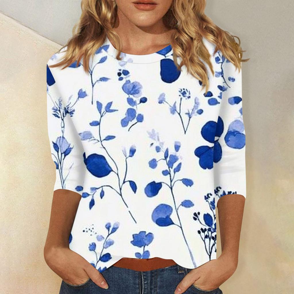 Modisches, lässiges Damenoberteil mit dreiviertel Ärmeln und Blumendruck und Rundhalsausschnitt