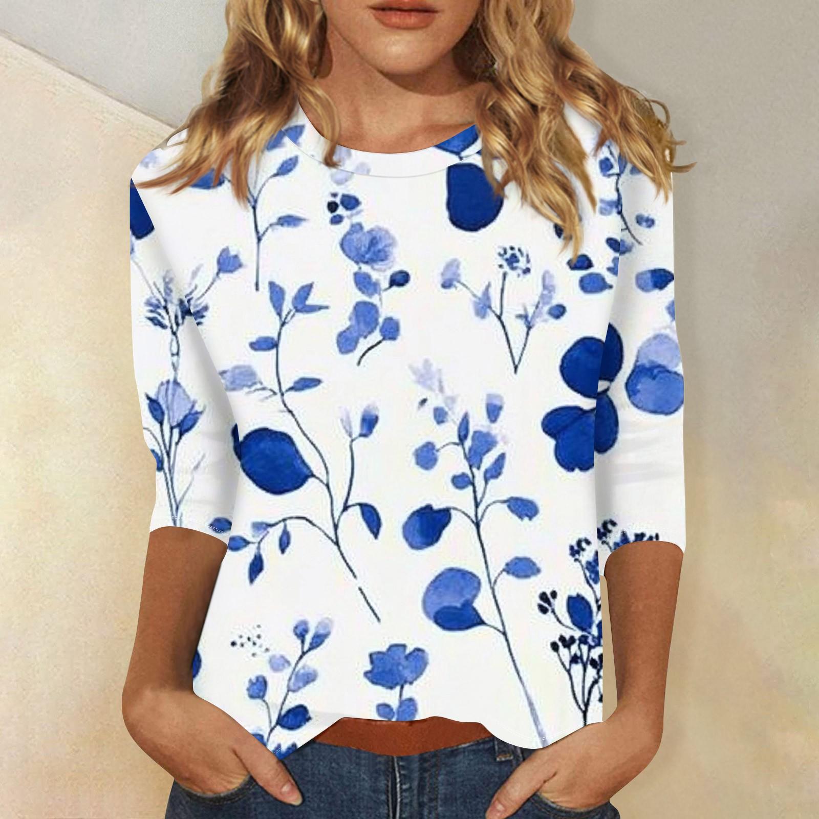 

Женская мода повседневный топ с рукавом три четверти с цветочным принтом и круглым вырезом XXL
