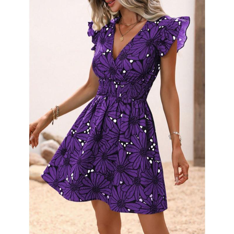 Μόδα φλοράλ με στάμπα καλοκαιρινό σέξι φόρεμα Γυναικεία Κομψά ιπτάμενα μανίκια κοντά φορέματα με λαιμόκοψη V-λαιμόκοψη Casual ψηλόμεση λεπτή εφαρμογή σε γραμμή Α Φαρδύ γυναικείο φόρεμα