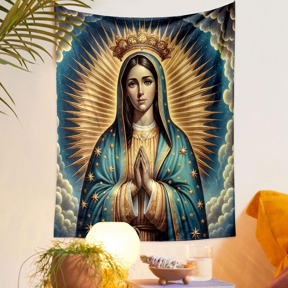 Holy Virgin Mary with Golden Halo Patterned Tapestry Decorative Wall Hanging, Home Bedroom Living Room Decor
