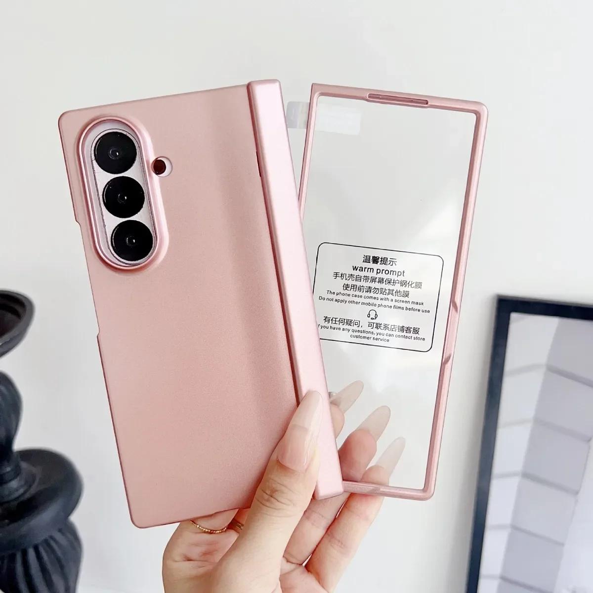 

Matte Hinge Protective Phone Case for Samsung Galaxy Z Fold 7 6 5 4 3 with Tempered Glass Screen Protector and Back Cover Galaxy Z Fold7 розовый