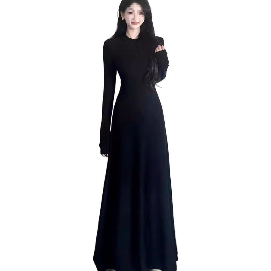 Elegant Black Long-Sleeve A-Line Dress - Autumn/Winter 2026 French Slim Fit Women's Fashion