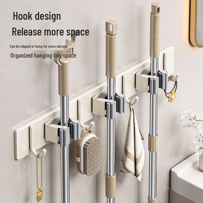 Handun Wall-Mounted No-Drill Mop Holder with Hooks