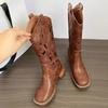 Fashion Hollow Embroidered Vintage Western Boots Women  Autumn Chunky Heels Knee High Cowboy Boots Woman Pu Leather Knight Booties