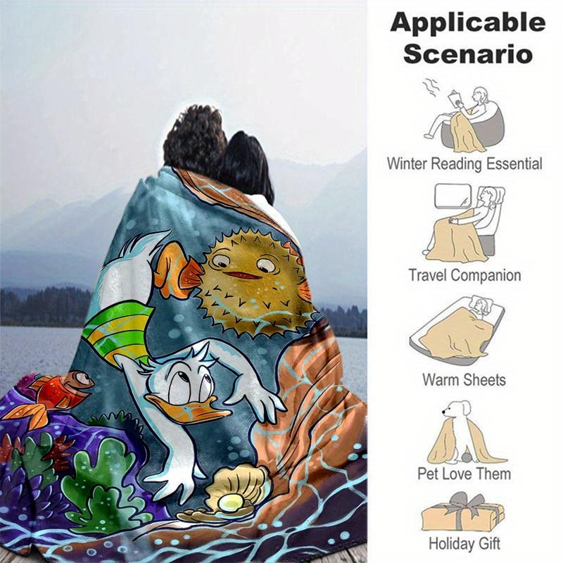1pc Cartoon Puffer Fish and Donald Duck Design Blanket, Home Decorative Throw Blanket for All Seasons, Living Room, Travel, Camping, Car Bla