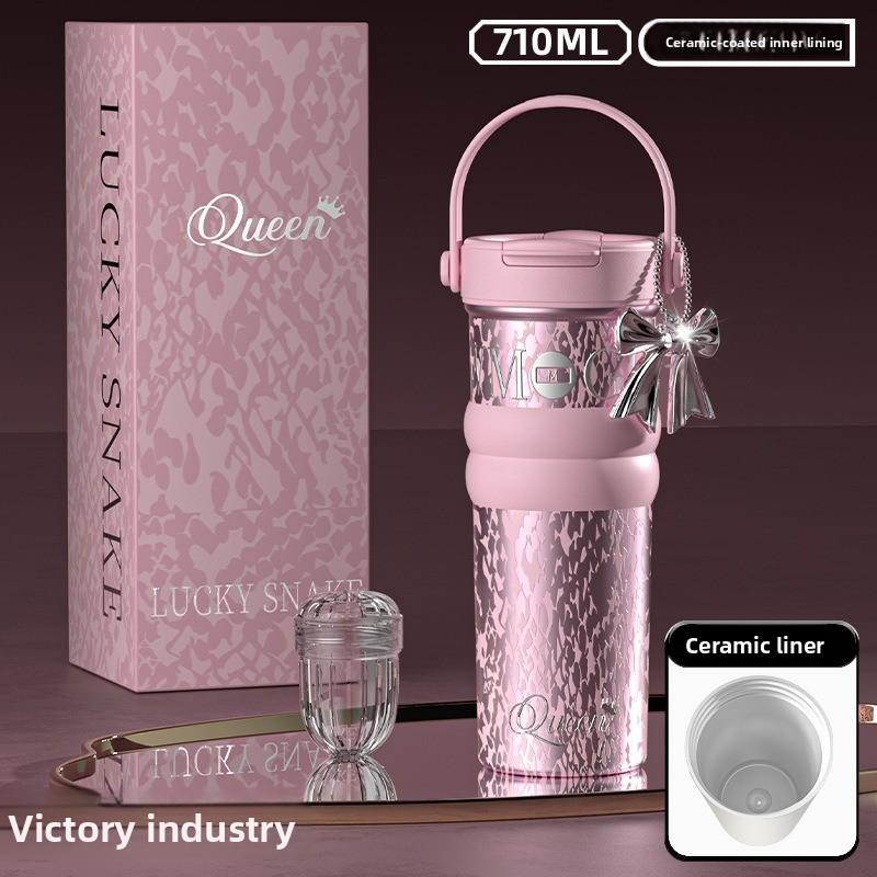 Ceramic Double Drink Coffee Cup With Handles And Straw For Office And Home Use