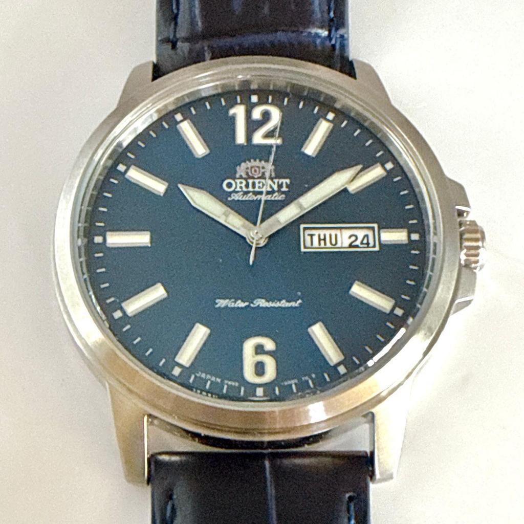 Used B094 [Almost unused/Big Face] ORIENT Blue Dial See-through Back Automatic Mechanical Men's Watch
