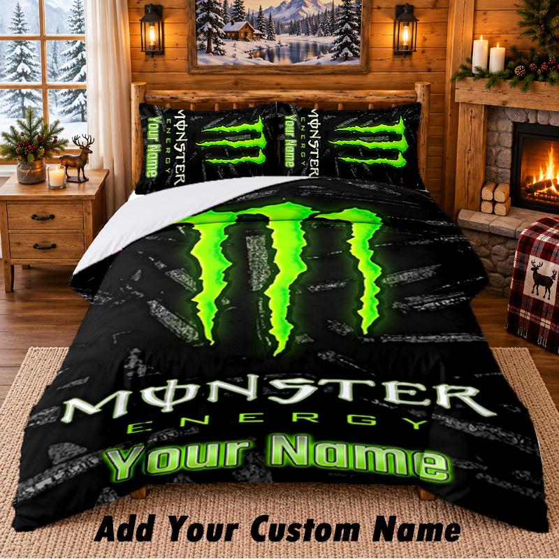 Set Biancheria da Letto con Fantasia Monster Energy 3 Pezzi Nome Personalizzato, Lenzuolo e Federe per Camera da Letto di Casa