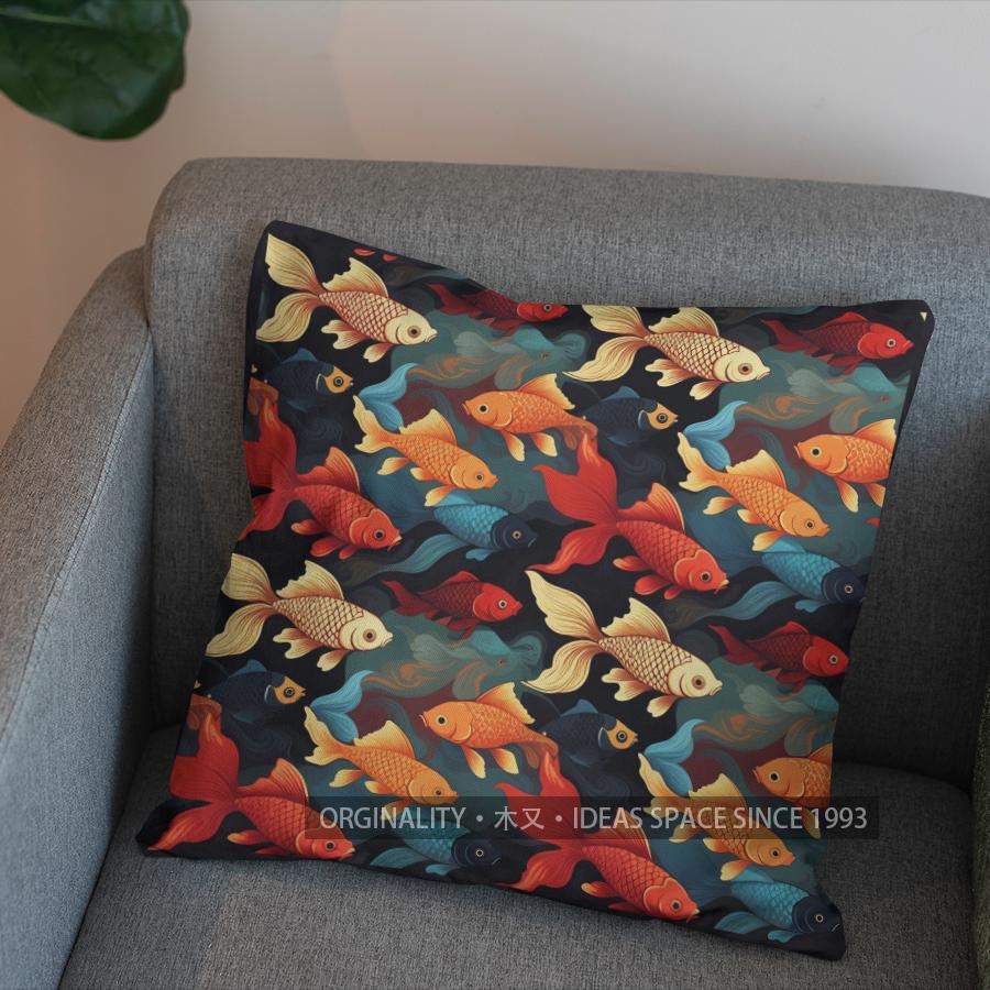 2D Japanese Style Fish-Patterned Throw Pillow Pattern Cushion Cover Suitable For Sofa Bedroom Car Pillow Cover