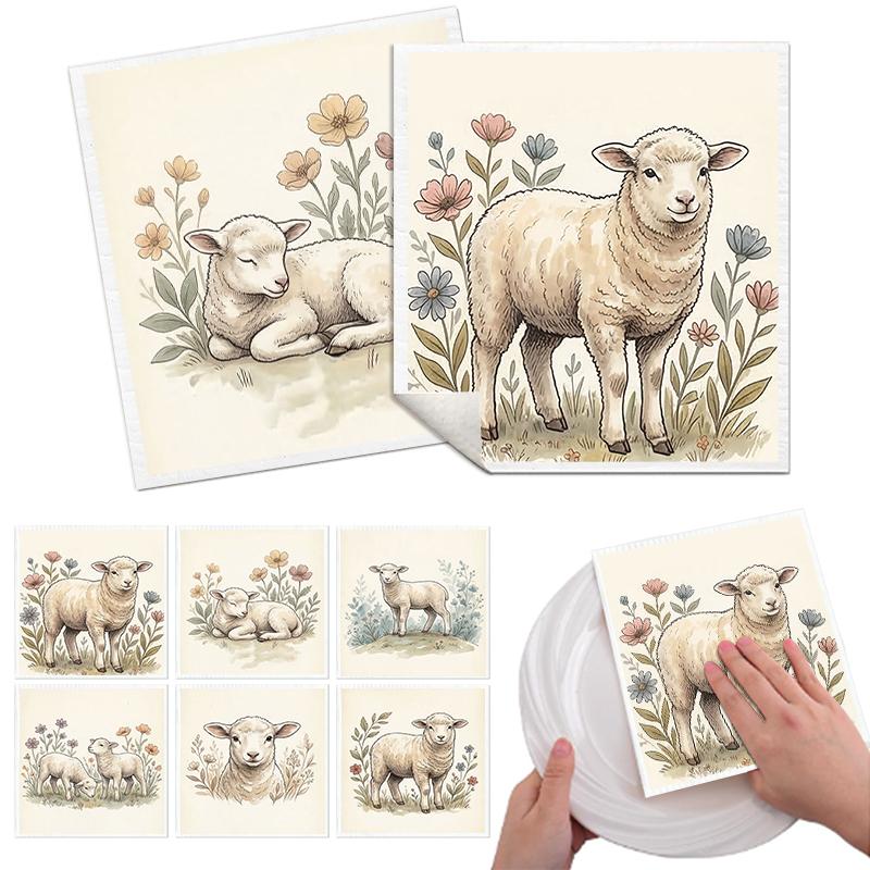 6PCS Kitchen Dishcloths Reusable Cleaning Dish Towels Absorbent Lint Free Cloth Washable Duster Rags Tea Towels Sheep Pattern Dishcloth