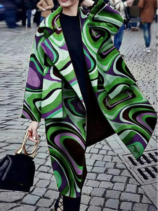 2025 Autumn/Winter European & American Women's Long Woolen Print Coat - Elegant & Warm Trench Overcoat.