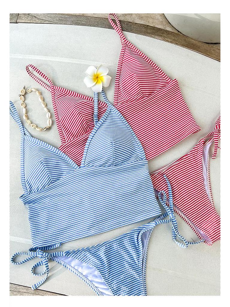 2025 European-American Striped Slimming Bikini Set: Sexy, Conservative Tummy Control Swimwear for Hot Springs
