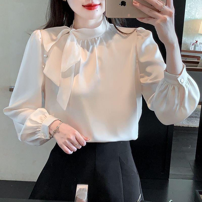 Women's French Bow Chiffon Blouse - Elegant Long Sleeve Top for Spring and Autumn.