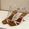 Eilyken Street Style Crystal Hollow Out Square Toe High Heels Women Sandals Buckle Strap Banquet Party Shoes