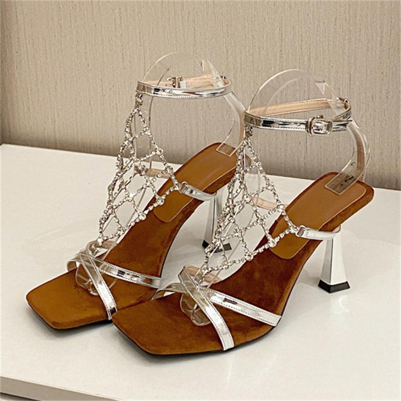 Eilyken Street Style Crystal Hollow Out Square Toe High Heels Women Sandals Buckle Strap Banquet Party Shoes