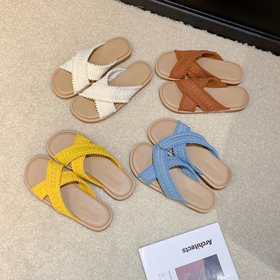 Fashion 2025 New Retro Summer Flat Bottom Woven Sandals Womens Fairy Style Fashionable Versatile Slippers Simple Soft Sole Slip-On Shoes
