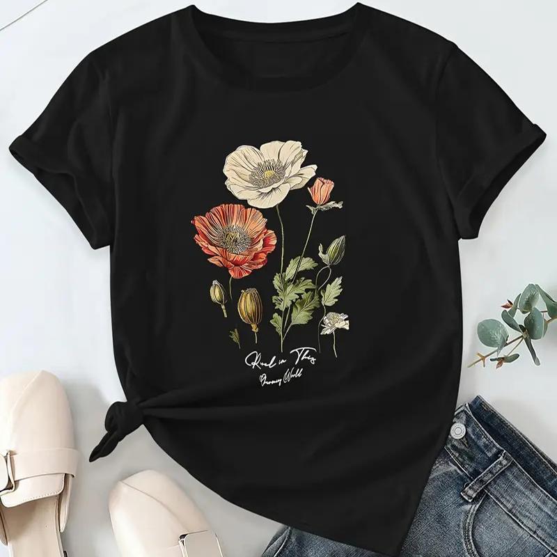 Women Summer T Shirt Retro Fashion Short Sleeve Tees Casual  Flower Printed  Tops