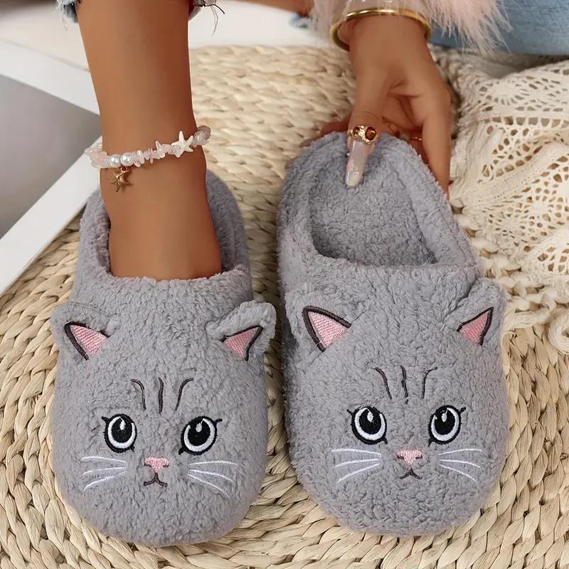 Women's Plush Slip-On Slippers with Cat Design - Soft Plush Fabric, Cozy Indoor House Shoes Cute Cartoon Kitty Home Slippers, Cute Slippers