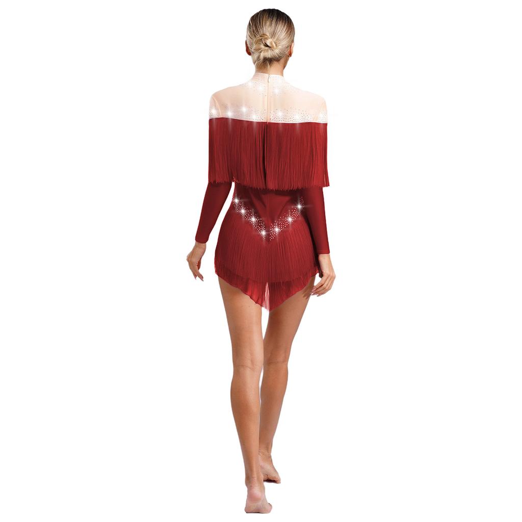 Stage Dance Bodysuit for Women - Latin Style with Tassels, Shiny Rhinestones & Sheer Mesh Long Sleeve Design