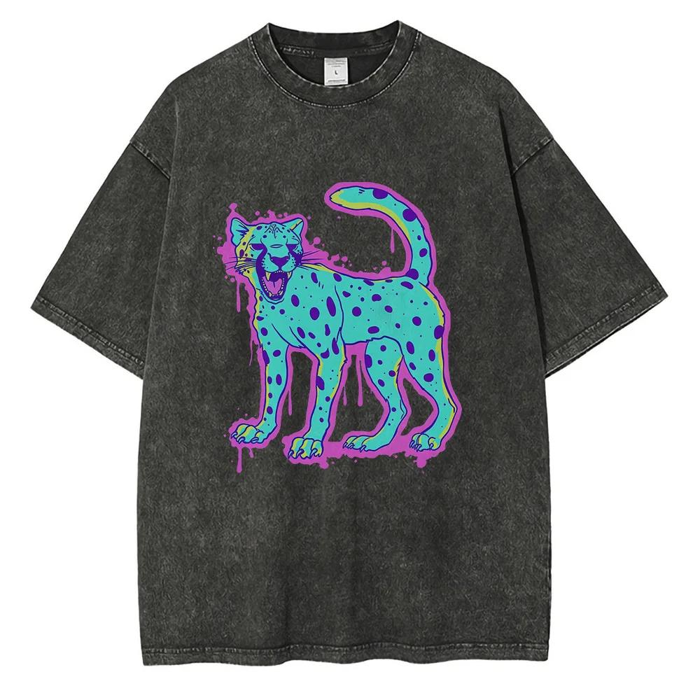 Cheetah Psychedelic Graphic T Shirts Heavyweight Pure Cotton Distressed Washed T Shirt Drop Shoulder Vintage Oversized Mens Tops S разноцветный