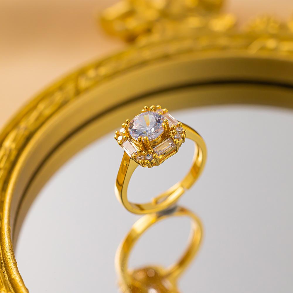 Exquisite super flash zircon ring for girls, light luxury, high-end sense opening adjustable ring, simple real gold electroplating
