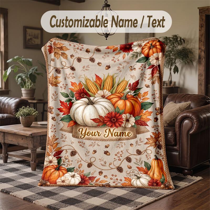 Autumn Harvest Festival 1 Theme Throw Blanket Custom Name Text Personalized Blanket Soft Cozy Blanket for Home Sofa Bed