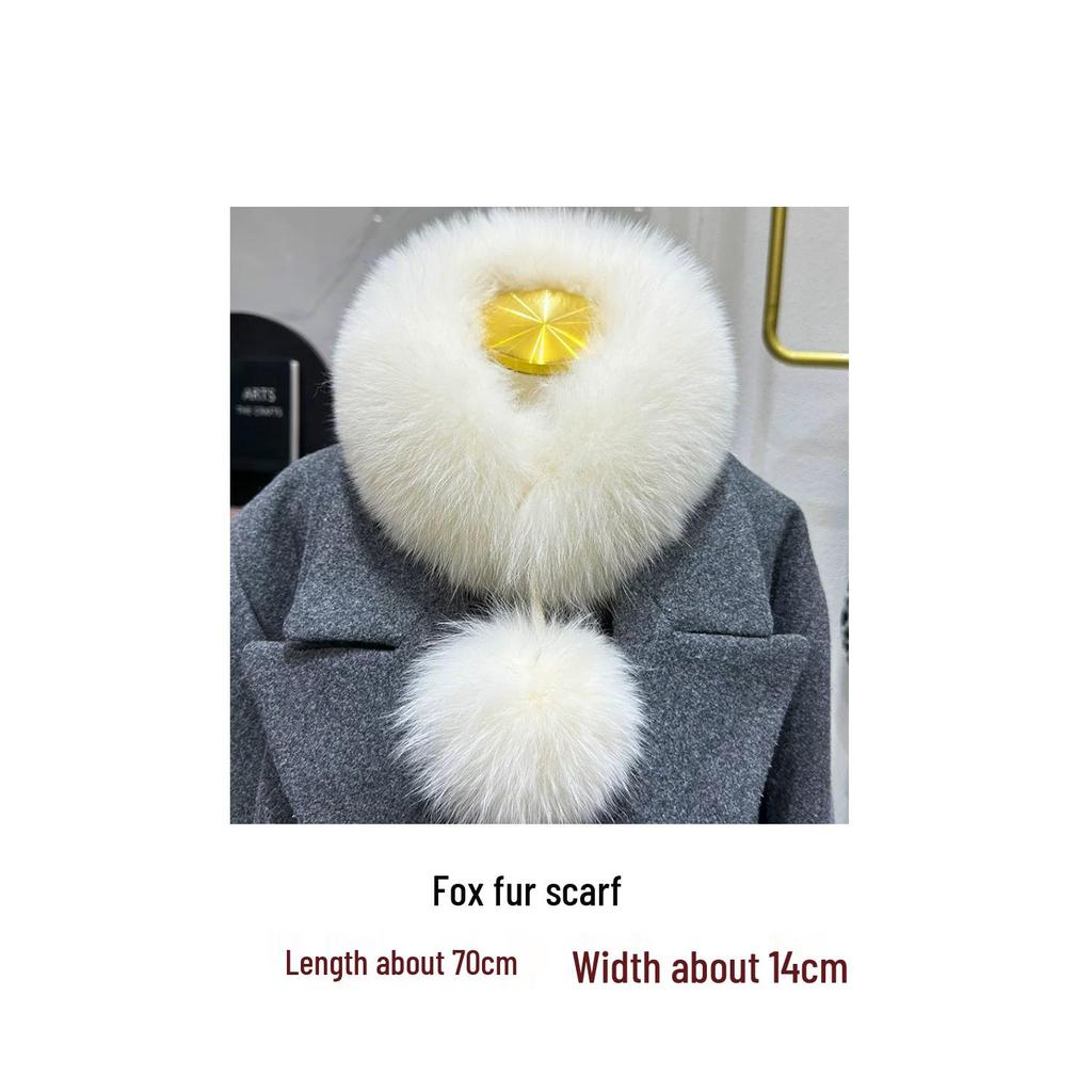 Damen Schal im Koreanischen Stil aus Echter Fuchsfell mit Großem Bommel und Magnetischem Verschluss - Beidseitig, Vielseitiger Nackenschutz für Herbst und Winter