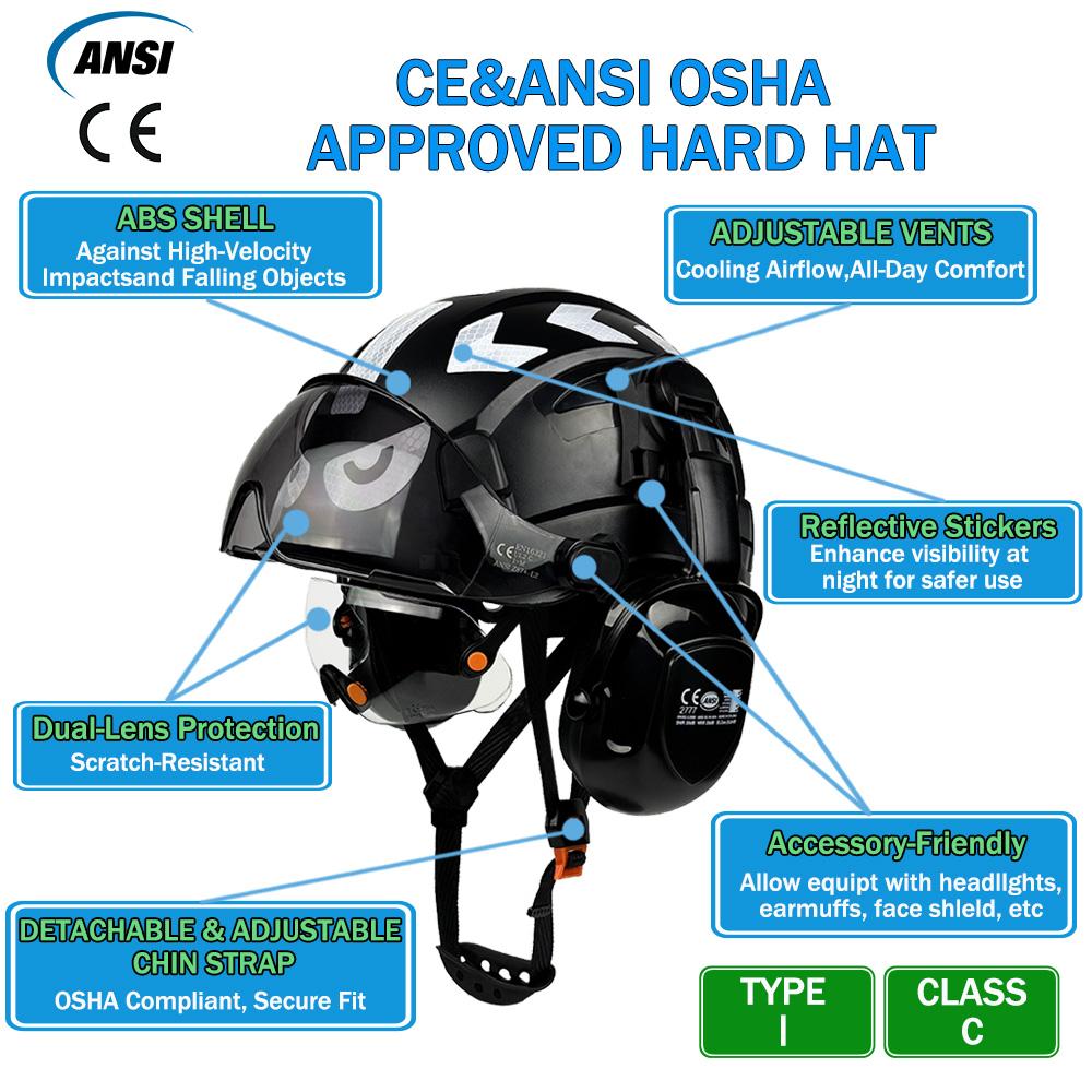 CE Construction Safety Helmet With Built In Goggles Earmuffs Reflective Stickers Hard Hat With Visor Adjustable Vented ABS Hardh