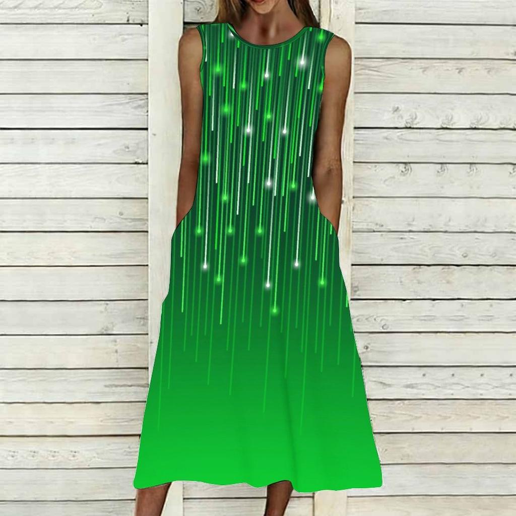 Women Plus Size Sleeveless Crew Neck Dress Graceful Small Floral Printed Flowy Calf Length Gown