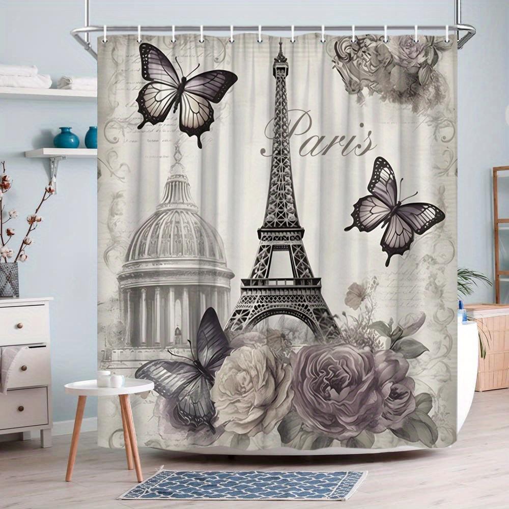 

Romantic Paris 3D Shower Curtain - Eiffel Tower, Butterflies & Roses Theme for Bathroom Decor, Adds French Charm and Elegance W90XH180cm