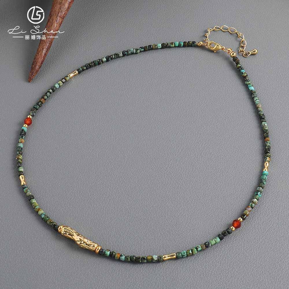 European and American retro natural blue apatite handmade beaded titanium steel necklace pendant natural turquoise collarbone chain
