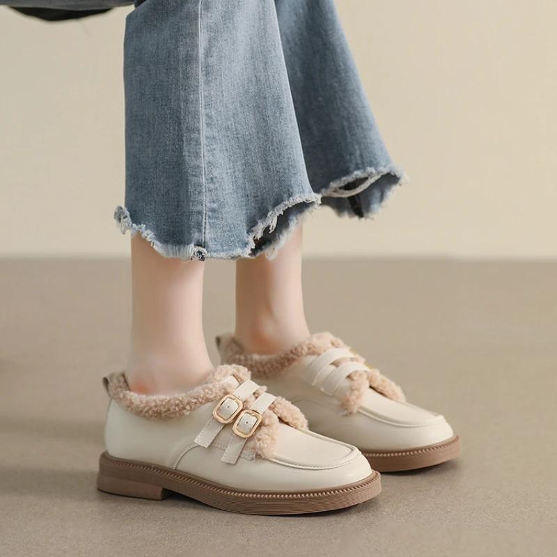 

Мода 2024 Зимние Женские Плюшевые Теплые Кожаные Ботинки Снегоступы Британский Стиль Пряжка на Ремне Женские Повседневные Черные Лоферы 43 абрикосовый