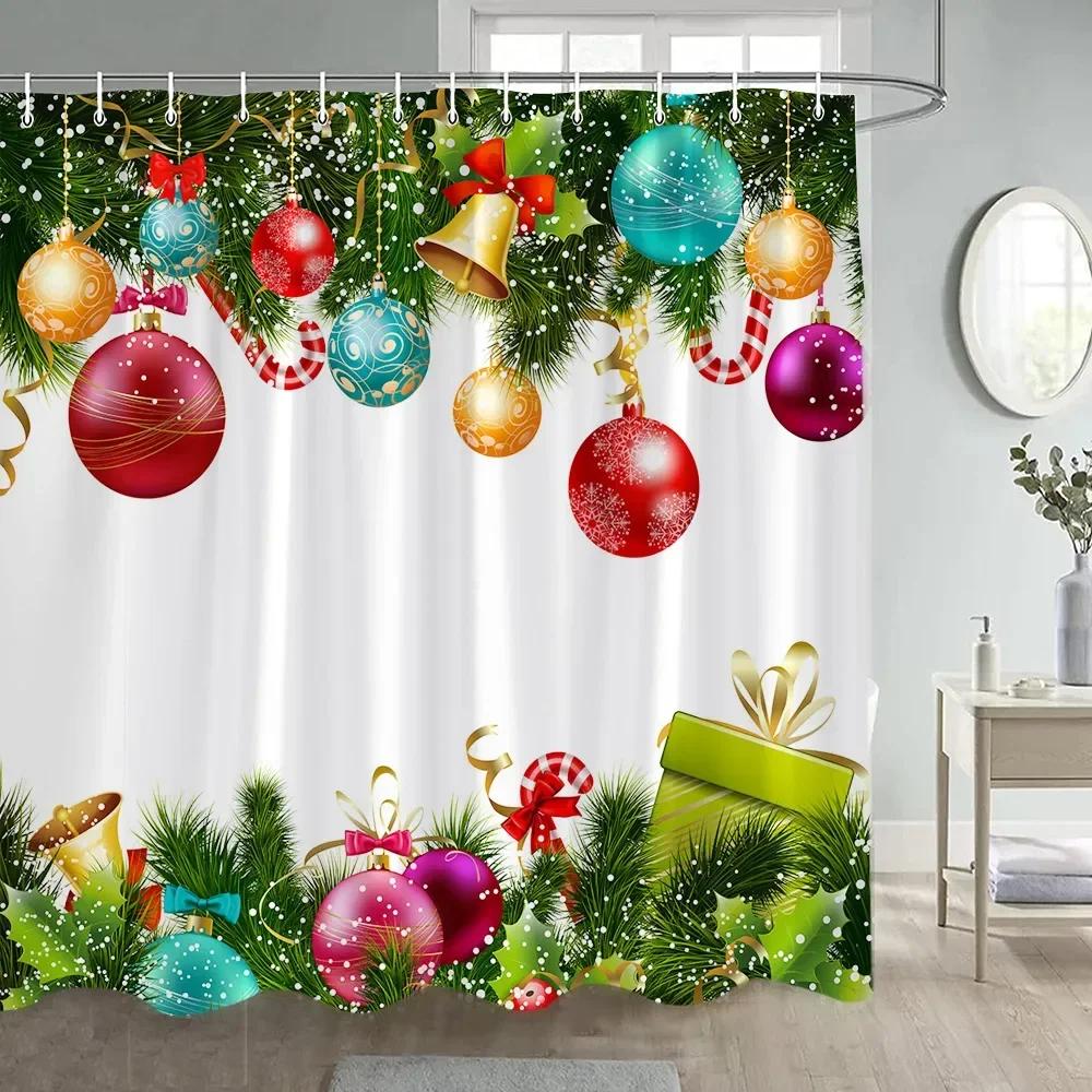 Christmas Shower Curtain Green Pine Branches Xmas Balls New Year Home Decor Polyester Fabric Bathroom Bath Curtains With Hooks