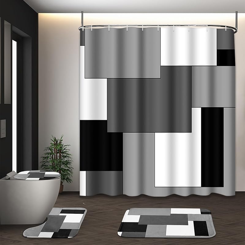 Grey Geometric Shower Curtain Set with Toilet Lid Cover and Non-Slip Rugs for Bathroom, Black White Checkered 4 Pcs Shower Curtain, Modern Abstract Abstract Geometric Grey