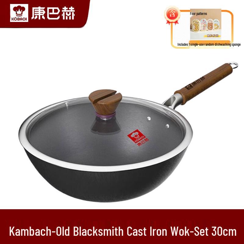 KBH Old Blacksmith 30cm Coating-Free Non-Stick Cast Iron Wok Set