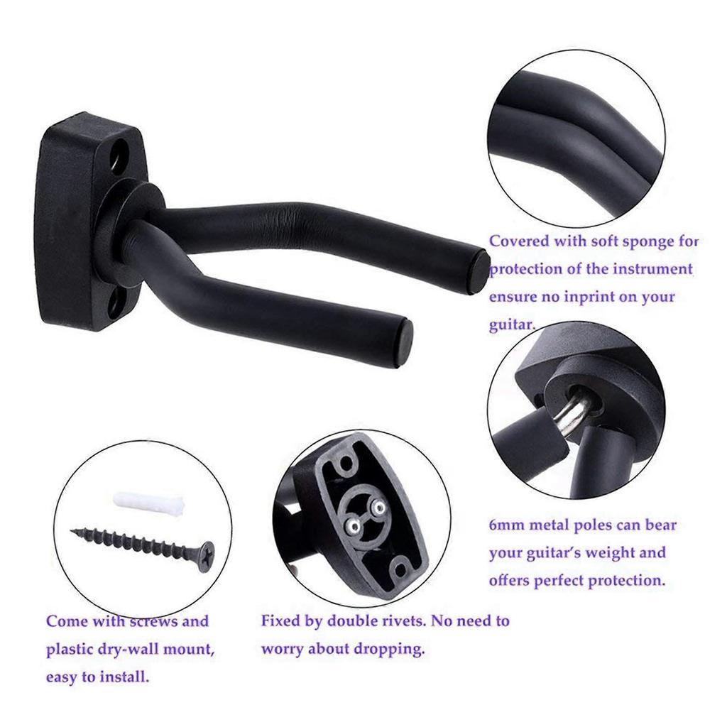 Guitar Wall Mount Hanger 4 Pack, Guitar Hanger Wall Hook Bracket Holder Stand Black Display with Screws - Easy To Install