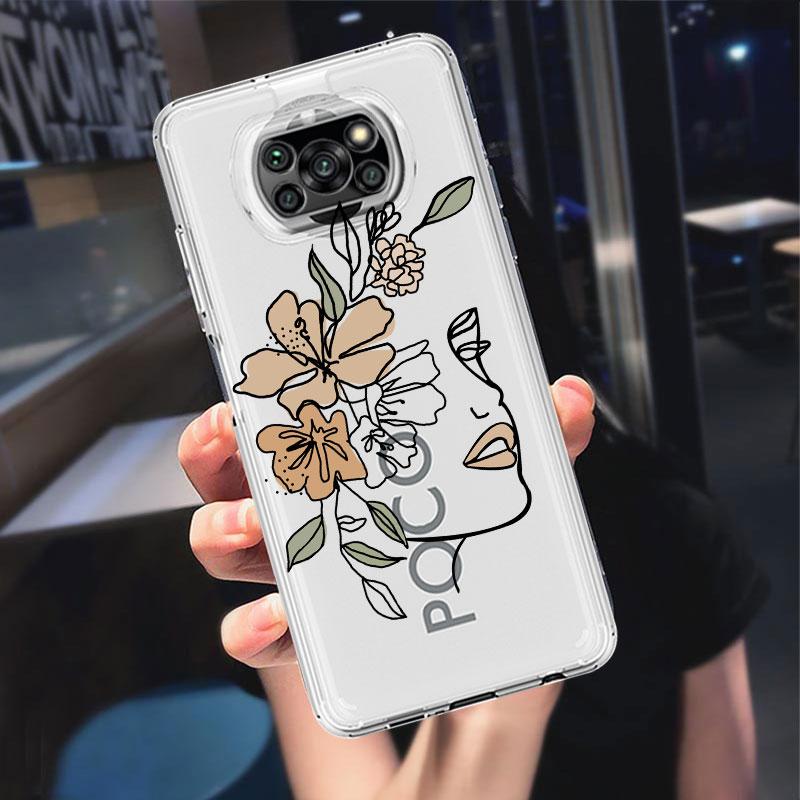 Transparente Hülle für Xiaomi Mi Poco X3 NFC M3 Pro F3 F1 11 Lite 12 Redmi Note 10 9S 8 7 9 Weiche Handyhülle Liebeslinie Blume