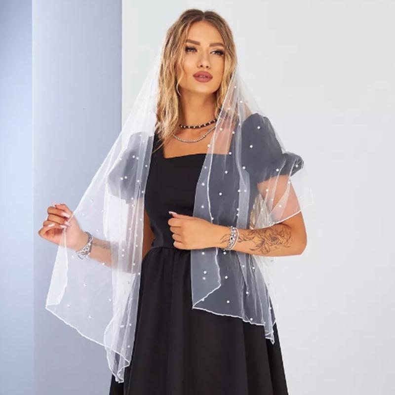 Elegant Pearls Embellished Tulle Scarf for Women Weddings Parties Bridal Mesh Veils Evening Dress Shawl Wraps Capes