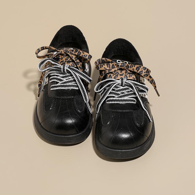 Plush Collar Women Chunky Sneakers Leopard Ribbon Lace Up Speckled Heel Panel Warm Casual Shoes