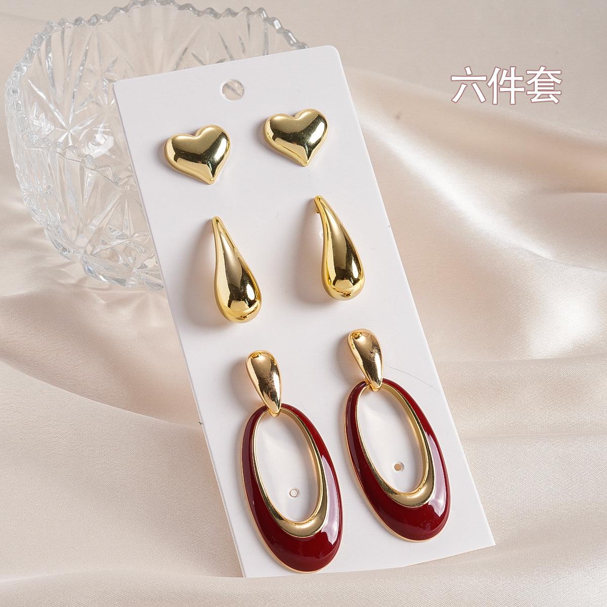 Six-piece set of oil drop love water drop oval silver needle earrings temperament earrings
