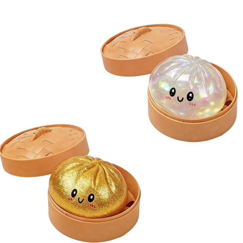 Glitter Dumplings Stress Relief Toy Cute Steamed Bun Squishy Toy with Steamer Box Fidget Toy Soft Slow Resilience Stress Relief Sensory Squeeze Toy