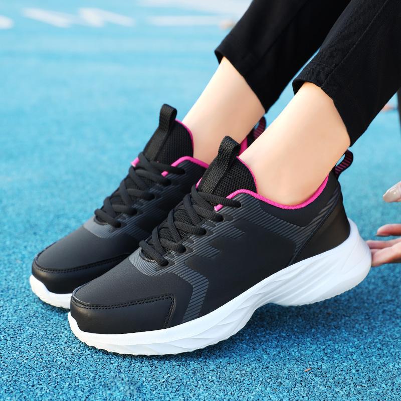 Waterproof Leather Chunky Sneakers for Women, Running Shoes Casual Sports Shoes Black Trainers Autumn Spring