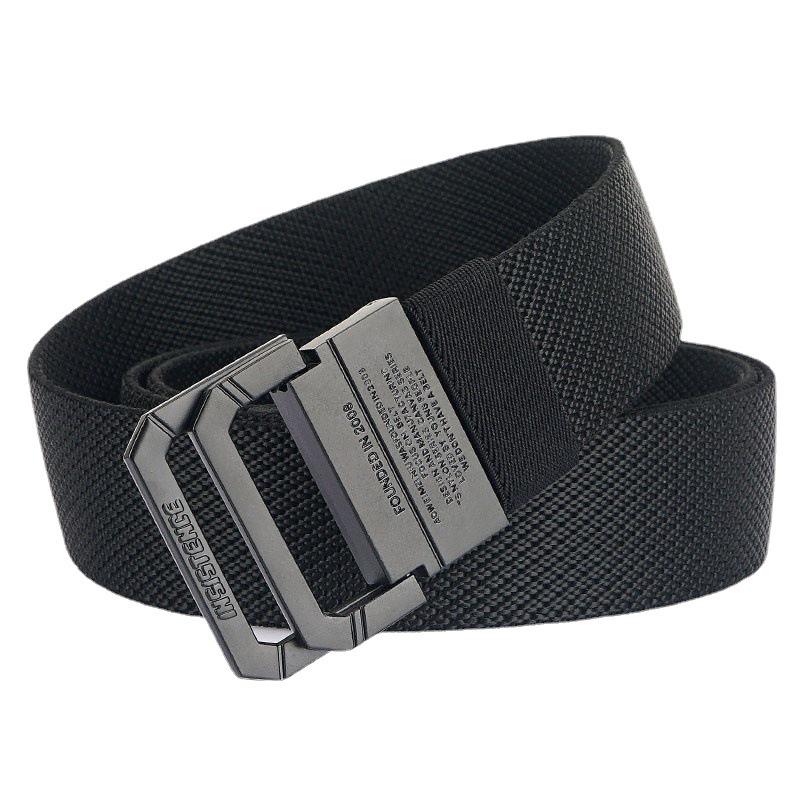 Unisex Black Metal Double Ring Buckle Elastic Canvas Belt for All Seasons