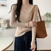Autumn Winter V-neck Solid Color Knitting Pullover Top Women Casual Fashion Elastic All-match Slim Sweater