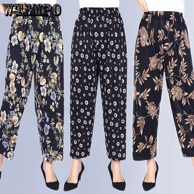 Women Summer High Waist Wide Leg Floral Printed Casual Pants Female Big Size Loose Elastic Waist Simple Thin