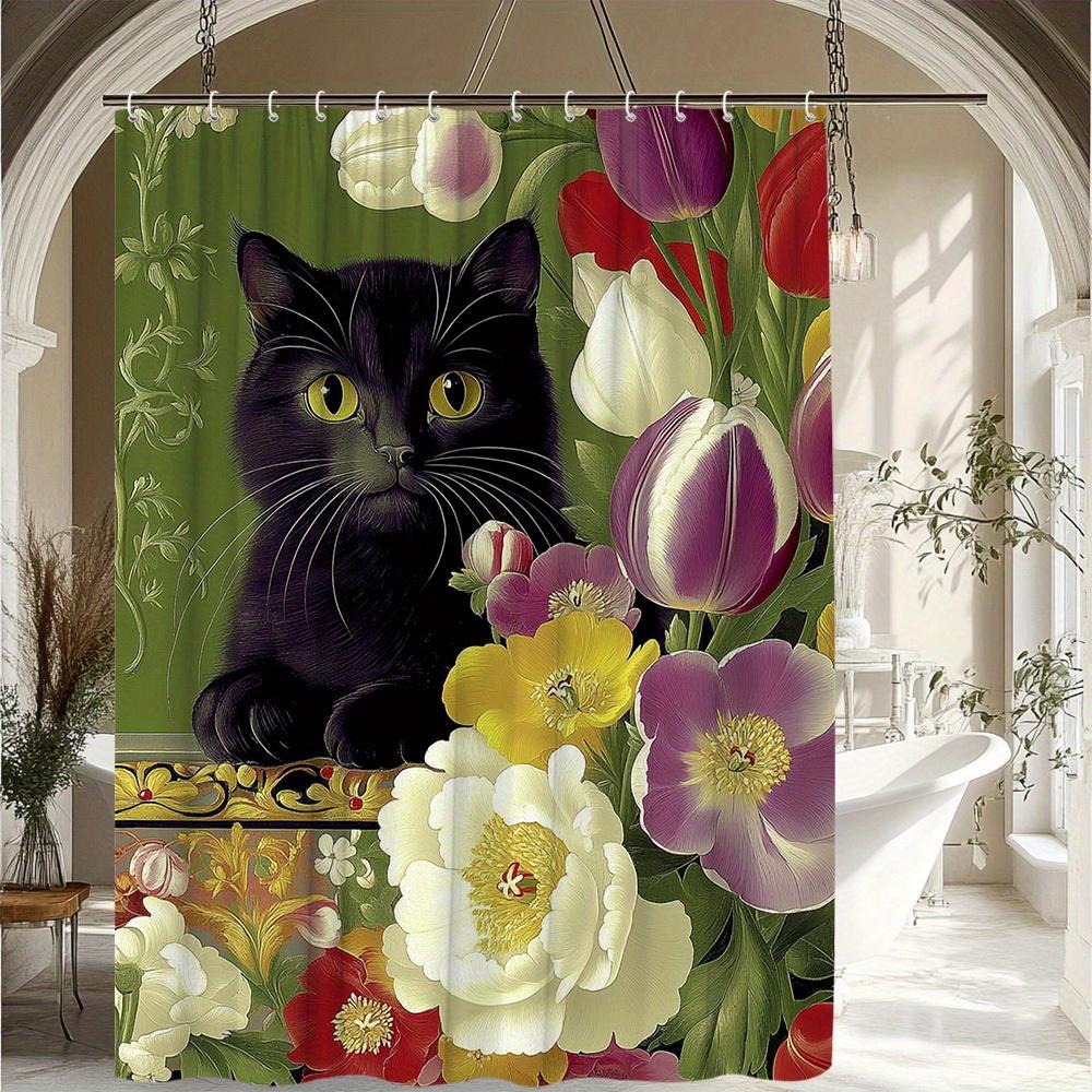 

1pc Creative Cat And Floral Pattern Shower Curtain Bathroom Decoration Polyester Fabric Contains 12 Hooks 70. 8X70. 8 Inch 90x180cm