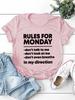 REGELN FÜR MONTAG Buchstabenaufdruck Damen T-Shirt Kurzarm O-Ausschnitt Locker Damen T-Shirt Damen T-Shirt Tops Camisetas Mujer