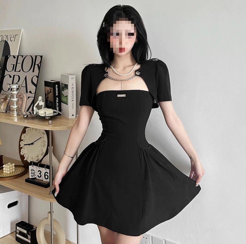 Französischer Hepburn-Stil Zweiteiler: Trägerloses Sommerkleid & Off-Shoulder-Top-Set für Damen