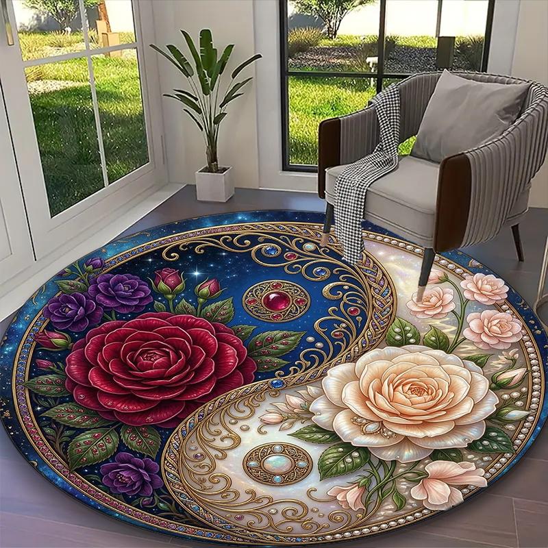 

[1pc Blue Balance Pink Rose Floral Views Office Carpet] Easy Maintenance Chair Rug for Conference Room Use, Durable Round Sofa Floor Mat Diameter 60cm