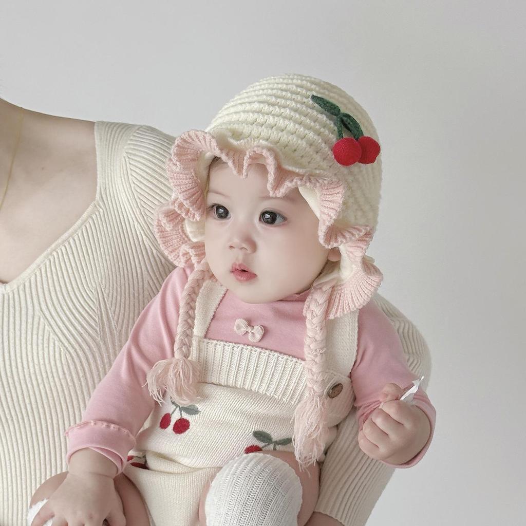 Cozy Cherry Princess Knitted Baby Hat with Ear Protection - Perfect for Autumn and Winter